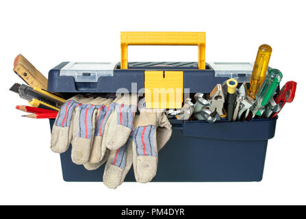 Plastic workbox with assorted tools on white background Stock Photo