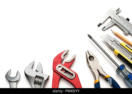 Group of used tools on white background Stock Photo