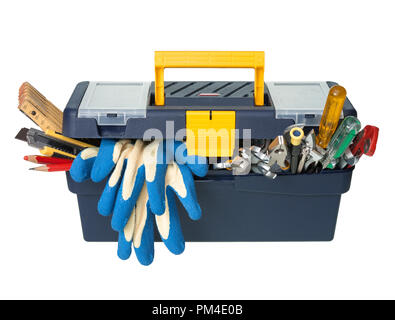 Plastic workbox with assorted tools on white background Stock Photo
