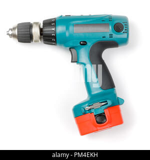 Battery-powered electric drill on white background Stock Photo