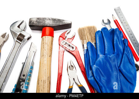 Various old used tools isolated on white background Stock Photo