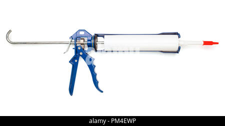 Blue metal caulking gun with attached white plastic silicone sealant tube on white background Stock Photo
