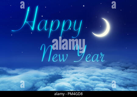 Happy new year text on cloudy night background with moon. Stock Photo