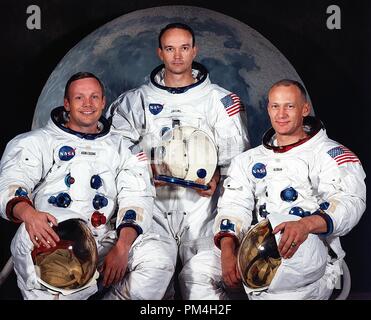 (May 1969) --- The National Aeronautics and Space Administration (NASA) has named these three astronauts as the prime crew of the Apollo 11 lunar landing mission.  Left to right, are Neil A. Armstrong, commander; Michael Collins, command module pilot; and Edwin E. Aldrin Jr., lunar module pilot.  File Reference # 1003 193THA Stock Photo