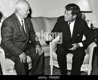 President John F. Kennedy meets with Nikita Khrushchev, chairman of the council of Ministers of the Soviet Union, at the U.S. Embassy residence in Vienna, Austria, 1961   File Reference # 1003 687THA Stock Photo