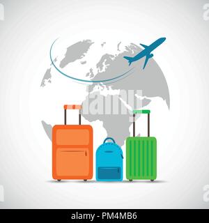 plane flying around the globe set of colorful travel suitcase vector illustration EPS10 Stock Vector