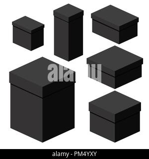 Isometric black boxes of different sizes for packaging, gifts, transportation Stock Vector