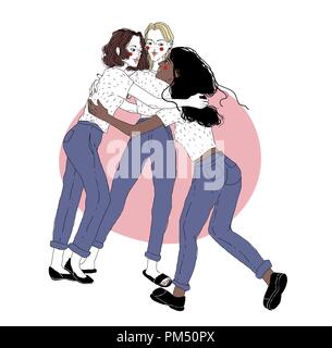 Multiracial young girls friendly meeting. Female friends hugging each other. Three cuddling women isolated on white background. Fashion hand drawn illustration for poster, banner. Stock Vector