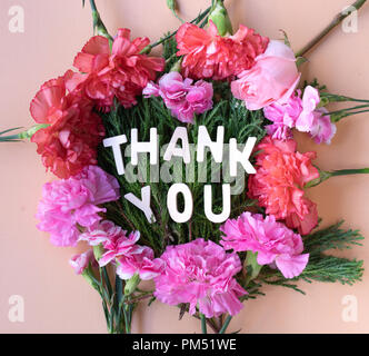 Thanks  wooden word  on fresh flowers carnations frame on soft cream pink background Stock Photo