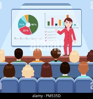 Businesswoman in costume making presentation explaining charts on board for audience in the conference hall, business seminar, training, meeting, lect Stock Vector