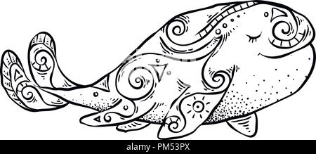 Ink hand-painted tribal whale. Graphical vector ornate illustration for tattoo, design, cards, print, t-shirt, coloring books. Stock Vector