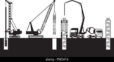 Construction machinery make foundations of a building - vector illustration Stock Vector