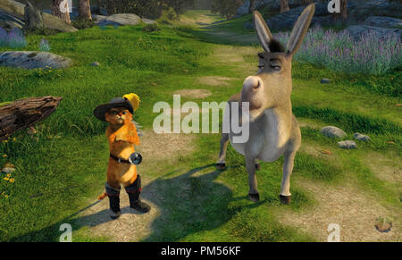 Film Still from Shrek 2 Shrek, Puss In Boots, Donkey © 2004