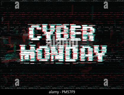 Glitch effect white vector letters. Cyber Monday banner template. Digital distortion effect text. Promotion tag. Stock Vector