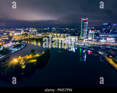 Minsk, Belarus - September 15, 2018: Picturesque panoramic view of Minsk city downtown at night. Stock Photo