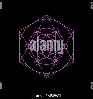 Vector neon sacred geometry symbols with triangle, hexagon, circle and floral motif. Bright mystical geometry symbol on black background Stock Vector