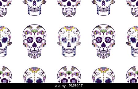 Vector seamless pattern of colorful sugar skull with doodle floral pattern on white background. Dia de Muertos sugar skull background Stock Vector
