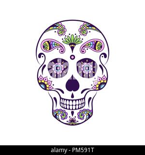 Vector colorful sugar skull with doodle floral pattern. Illustration for Mexican Day of the Dead Celebration Festival. Dia de Muertos sugar skull Stock Vector