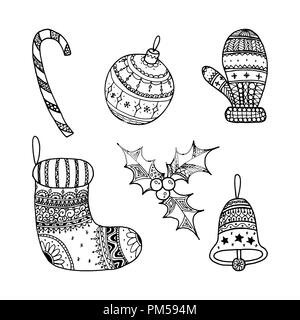 Vector set of Christmas decorative symbol - candy cane, tree ball, mitten, sock, holly, christmas bell.  Christmas hand drawing coloring page book for Stock Vector