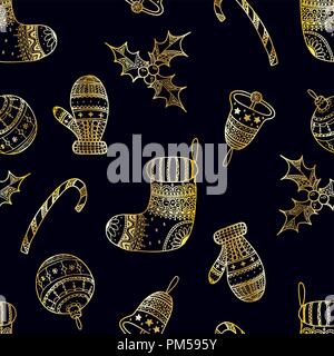 Vector seamless pattern of golden Christmas decorative symbols on dark background - candy cane, tree ball, mitten, sock, holly, christmas bell. Golden Stock Vector