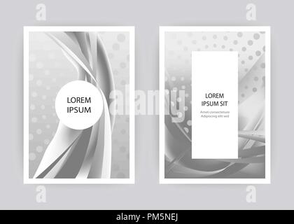 Fluid liquid shapes composition. Wavy geometric background. Monochrome grey abstract backdrop. Halftone circles elements. Gradient wave template vecto Stock Vector