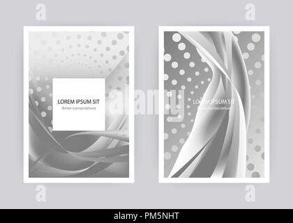 Fluid liquid shapes composition. Wavy geometric background. Monochrome grey abstract backdrop. Halftone circles elements. Gradient wave template vecto Stock Vector