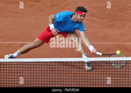 Czech tennis player Jiri Vesely is seen during the Davis Cup, world group, play-off, match Hungary vs Czech Republic, in Budapest, Hungary, on Septemb Stock Photo