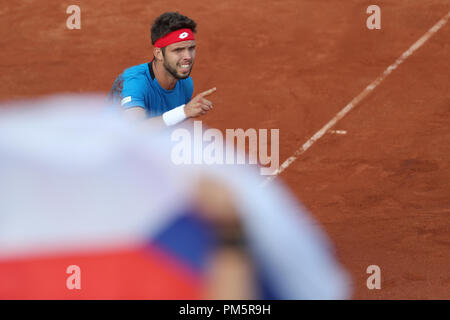 Czech tennis player Jiri Vesely is seen during the Davis Cup, world group, play-off, match Hungary vs Czech Republic, in Budapest, Hungary, on Septemb Stock Photo