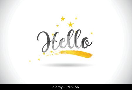 Hello Word Text with Golden Stars Trail and Handwritten Curved Font Vector Illustration. Stock Vector
