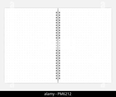 Open dot grid notebook vector mock-up. Spiral bound notepad spread mockup. Wirebound A6 size diary Stock Vector