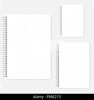 Set of dot grid notebook vector mock-ups. A4, A5, A6 size. Spiral bound notepads mockup. Wirebound diaries Stock Vector