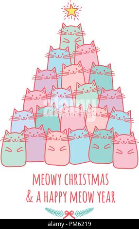 Christmas card with cute kawaii cats, meowy Christmas, vector doodle drawing Stock Vector