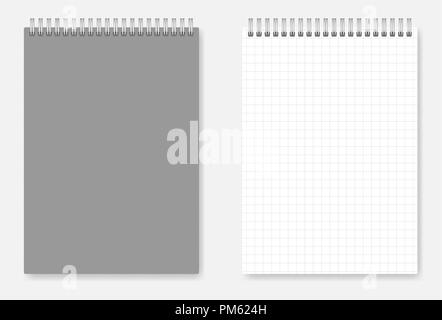 Grid-lined A6 size wirebound notebook design: page and grey cover. Spiral bound squared paper notepad mockup Stock Vector