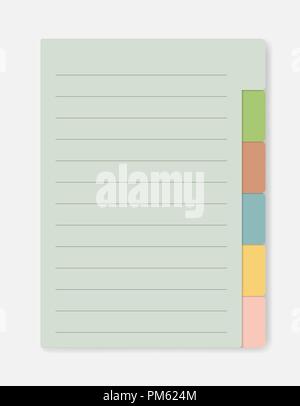 Lined paper notebook with variegated tabs, vector mock-up. Notepad with colored bookmarks mockup. Sticky note markers template Stock Vector