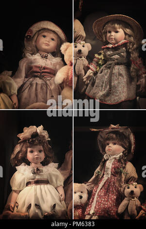 Collage of four pretty dolls in nice dresses and teddy bears. Stock Photo