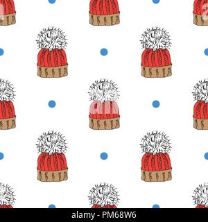 Winter season doodle clothes seamless pattern. Hand drawn sketch elements warm raindeer sweater, coat, boots, socks, gloves and hats. vector backgroun Stock Vector