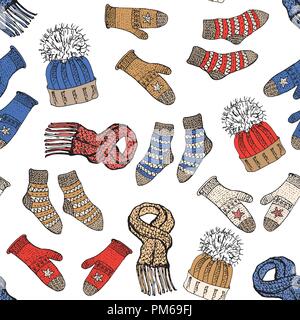 Winter season doodle clothes seamless pattern. Hand drawn sketch elements warm raindeer sweater socks, gloves and hats. vector background illustration Stock Vector
