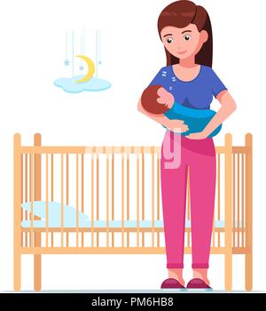 Woman holding a sleeping baby next to a baby crib Stock Vector