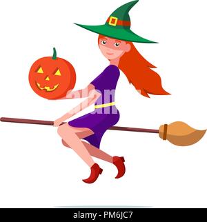 Witch on a broomstick with a Halloween pumpkin Stock Vector