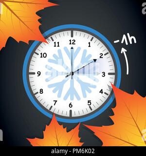 switch to winter time concept for daylight saving with autumn leaves on black background vector illustration EPS10 Stock Vector