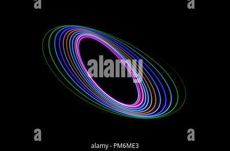 Colourful abstract with swooshes, swirls, circles, ellipses and spirals on a black background. Stock Photo