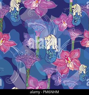 Seamless Print with orchid flower, merlion and Gardens by the Bay on indigo blue background Stock Vector