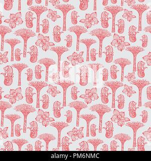 Seamless background with orchid flower, merlion and Gardens by the Bay for wallpaper, textile and product design Stock Vector