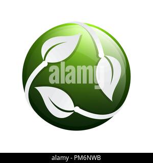 3D circle green leaf ecology nature element vector icon. leaf logo and abstract organic leaf logo. leaf with globe vector Stock Vector