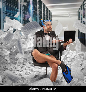 Digitization concept from paper to digital. Businessman uploads documents to a database Stock Photo