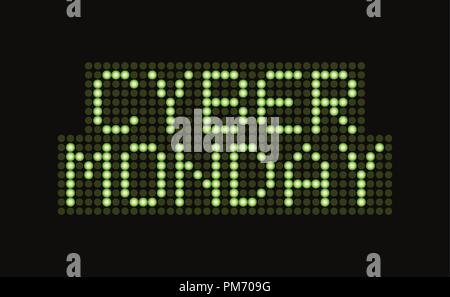 Cyber Monday sale scoreboard font vector banner. Discount electronic display poster. Green digital dots letters on score board. Stock Vector