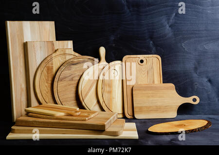 A number of hand-made wooden cutting boards Stock Photo