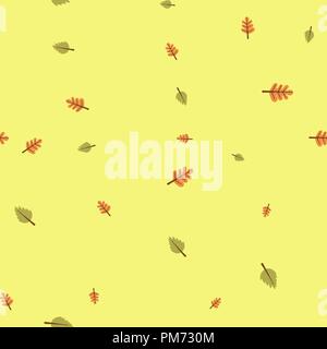 Oak and birch leaves pattern seamless. Vector illustration. Yellow background. Stock Vector
