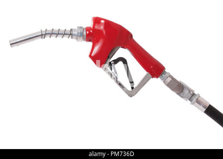 A gasoline pump nozzle with a red vinyl covered handle isolated on white Stock Photo