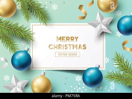 Christmas Composition with fir branches, christmas baubles and snowflakes on a colorful abstract background. Top view vector illustration. Stock Vector